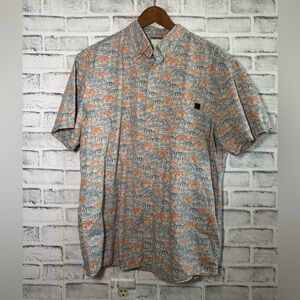 Solaris blue & orange fish pattern collared short sleeve button down shirt Lg